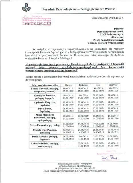 Konsultacje w Poradni Psychologiczno-Pedagogicznej w II semestrze roku szkolnego 2014/2015