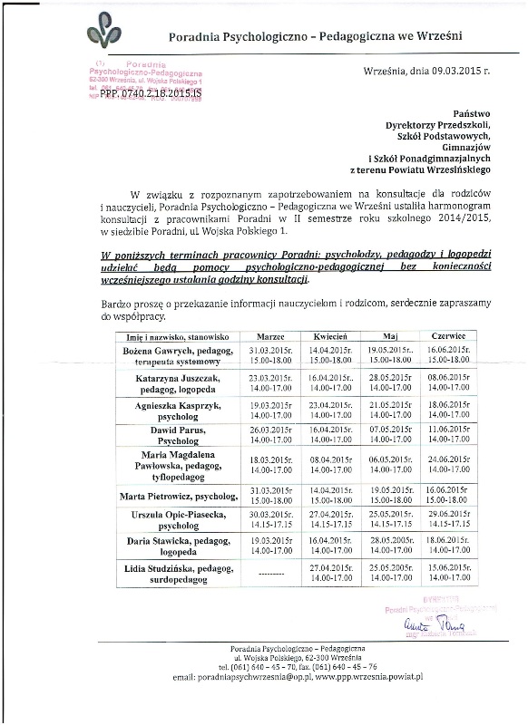 Harmonogram konsultacji z pracownikami Poradni Psychologiczno-Pedagogicznej